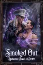 Glamorous woman blowing smoke into chained man